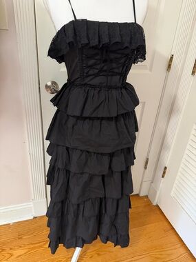 Black Tiered Lace-Trim Maxi Dress with Spaghetti Straps